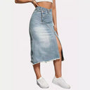 Chic Side Slit Denim Skirt with Frayed Hem