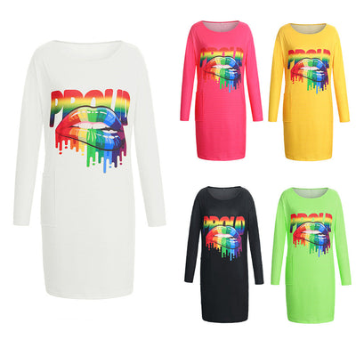 Trendy Women's Long Sleeve Graphic Dress with Pockets