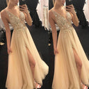 Chic Evening Dress with High-Slit and Glittering Appliqué