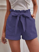 Women's Chic Linen Shorts with Decorative Tie and Elastic Waistband