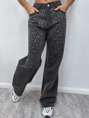 Stylish Denim Pants with Rhinestone Accents