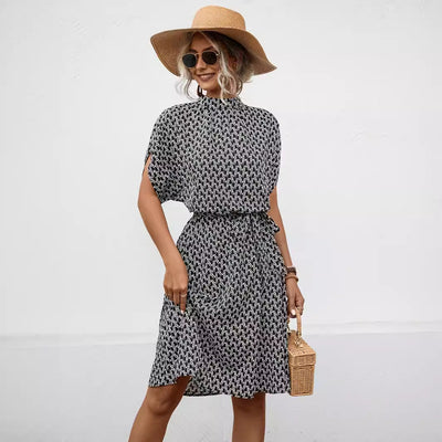 Chic Bow Pattern Dress with High Collar