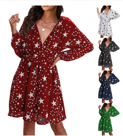 Women's V-Neck Star Pattern Dress for Effortless Style