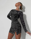 Glitter Mini Dress with Long Sleeves and Chic Slit