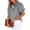 Women's Denim Blouse with Balloon Sleeves & Chest Pocket
