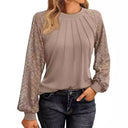 Chic Women's Top with Lace Sleeves and Gathered Accents