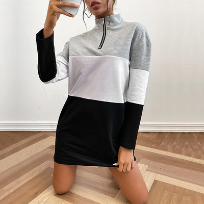 Sporty High Collar Women's Dress with Zipper