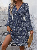 Chic Knee-Length Wrap Dress with Stylish Puff Sleeves
