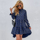Women's Voluminous Skirt Dress with Stand-Up Collar