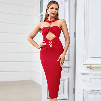 Chic Cocktail Dress with Stylish Cut-Outs and Metallic Button Accents