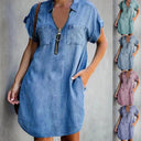 Chic Women's Denim Shirt Dress with Pockets & Modern Zipper