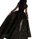 Chic Evening Dress with Sheer Sleeves & Shimmering Top