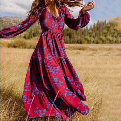 Boho Floral Long Sleeve Dress with Flowing Hem
