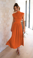 Chic Women's Maxi Dress with Stand-Up Collar and Unique Cut-Out Design