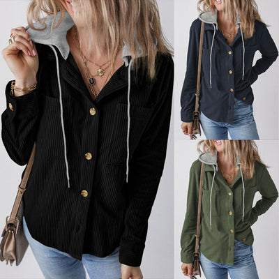Textured Hooded Blouse for Women with Stylish Button Accents