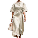 Chic Midi Dress with Wide Waist Belt and Relaxed Sleeves