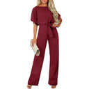 Women's Long Jumpsuit with Tie Belt & Cap Sleeves