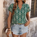 Floral Print Short Sleeve Blouse with Stand-Up Collar