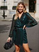 Chic Wrap Dress with Deep V-Neck & Flowy Sleeves