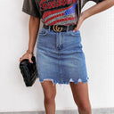 Trendy Women's Frayed Hem Denim Skirt