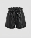 Chic Women's High-Waisted Faux Leather Shorts with Ruffled Waist