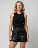 Chic Women's High-Waisted Faux Leather Shorts with Ruffled Waist