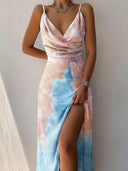 Chic Plunge Neck Ruffled Slit Dress