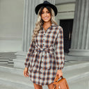 Chic Checked Shirt Dress with Belt and Button Accents