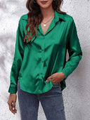 Chic Satin Blouse for Women - Loose Fit with Button Placket and Long Sleeves