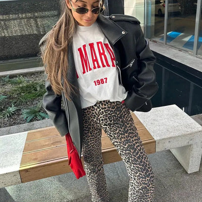 Chic Leopard Print Denim Trousers