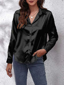 Chic Satin Blouse for Women - Loose Fit with Button Placket and Long Sleeves