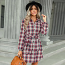 Chic Checked Shirt Dress with Belt and Button Accents