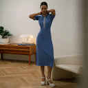 Ribbed Dress with Stylish Collar and Button Accents