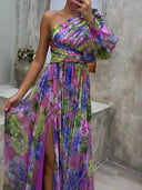 Lilac Print One Sleeve Maxi Dress with Slit