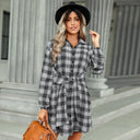 Chic Checked Shirt Dress with Belt and Button Accents