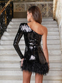 Chic One-Shoulder Glitter Dress with Feather Accents