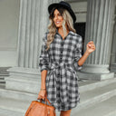 Chic Checked Shirt Dress with Belt and Button Accents