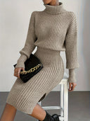 Chic Khaki Fitted Turtleneck Dress for Women