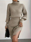 Chic Khaki Fitted Turtleneck Dress for Women