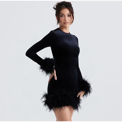 Chic Sheath Dress with Feather Sleeve Accents