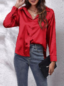 Chic Satin Blouse for Women - Loose Fit with Button Placket and Long Sleeves