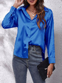 Chic Satin Blouse for Women - Loose Fit with Button Placket and Long Sleeves