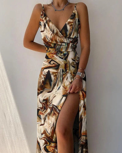 Chic Plunge Neck Ruffled Slit Dress