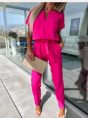 Chic Short Sleeve Jumpsuit with Belt Detail