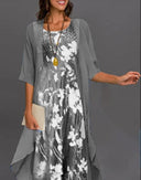 Chic Gray Printed Midi Dress with Overlay Accent