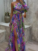 Lilac Print One Sleeve Maxi Dress with Slit