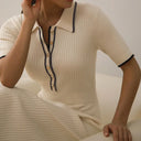 Ribbed Dress with Stylish Collar and Button Accents