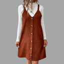Chic V-Neck Cord Dress with Straps & Buttons