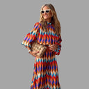 Vibrant Midi Dress with Herringbone Design and Waist Belt