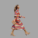 Vibrant Midi Dress with Herringbone Design and Waist Belt